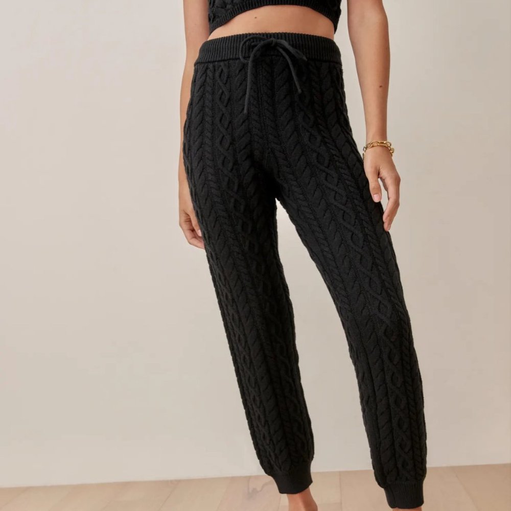 reformation italo cotton cable knit jogger set black - Picture 6 of 9